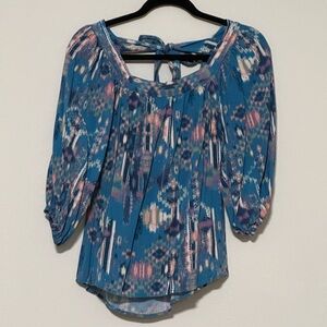 Savanna Jane Blue Multicolor‎ Bohemian Geo Peasant Aztec Patterned Blouse Size M